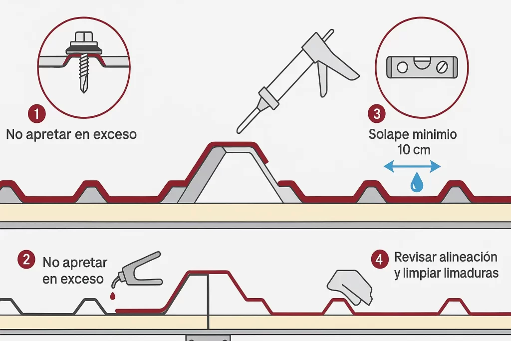 Infografía técnica del montaje de remates para panel sándwich con fijaciones, sellado, solapes y limpieza final.