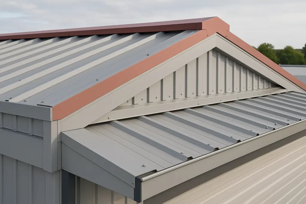 Cubierta industrial con panel sándwich gris y remates metálicos instalados en cumbrera, laterales y canalón.
