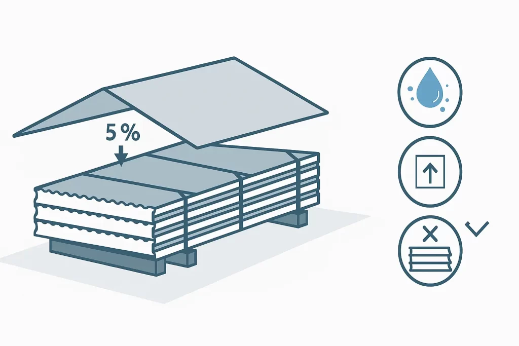 Almacenaje adecuado del panel sándwich con pendiente y ventilación