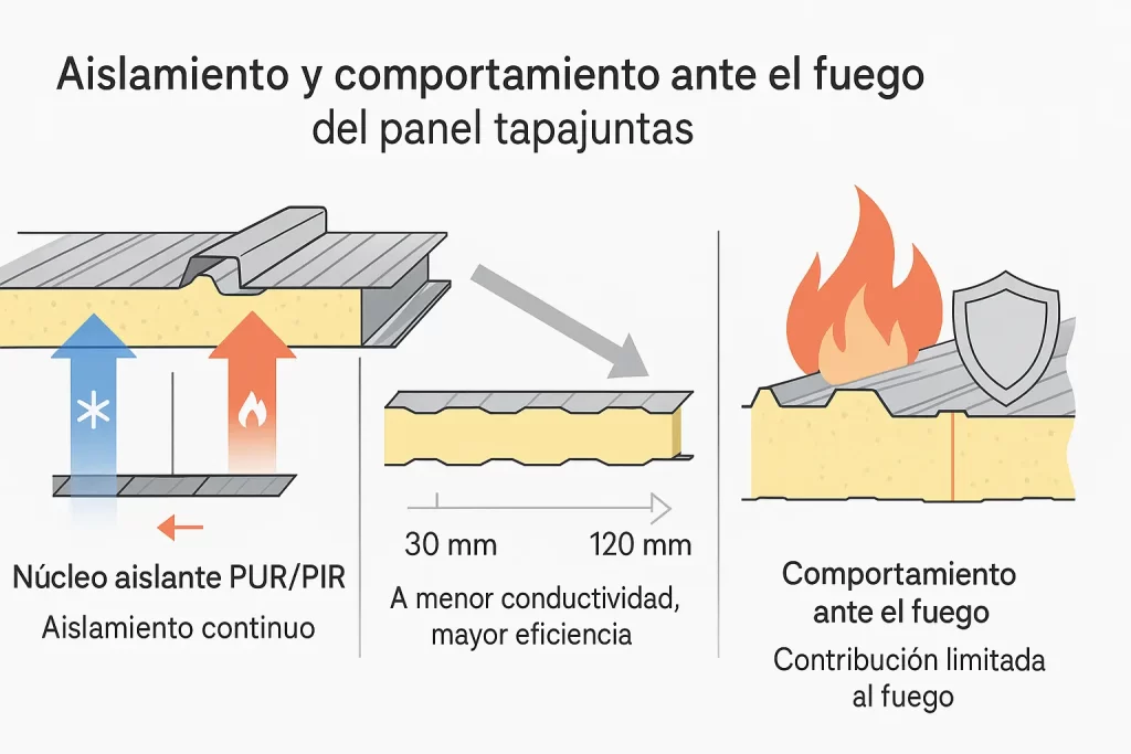 Infografía técnica sobre el aislamiento térmico y el comportamiento ante el fuego del panel sándwich tapajuntas