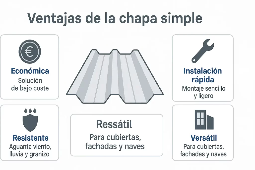 infografía técnica que muestra las ventajas de la chapa simple con iconos y lámina grecada central.
