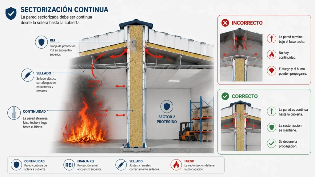 Continuidad correcta de una pared sectorizada hasta cubierta