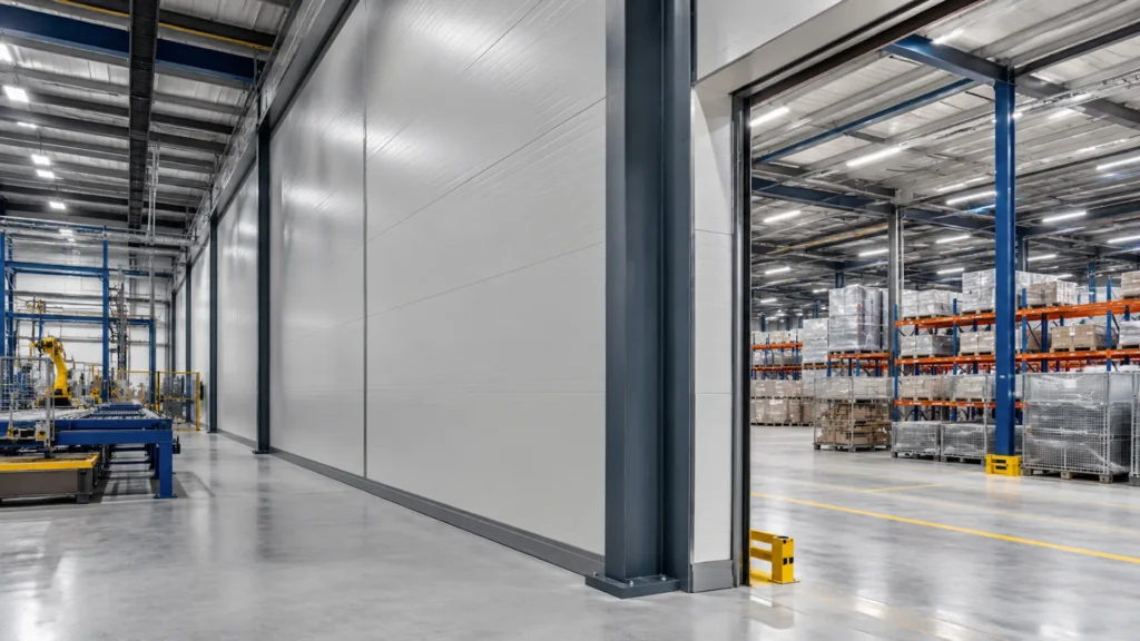 Fachada sectorizada con panel sándwich en nave industrial moderna