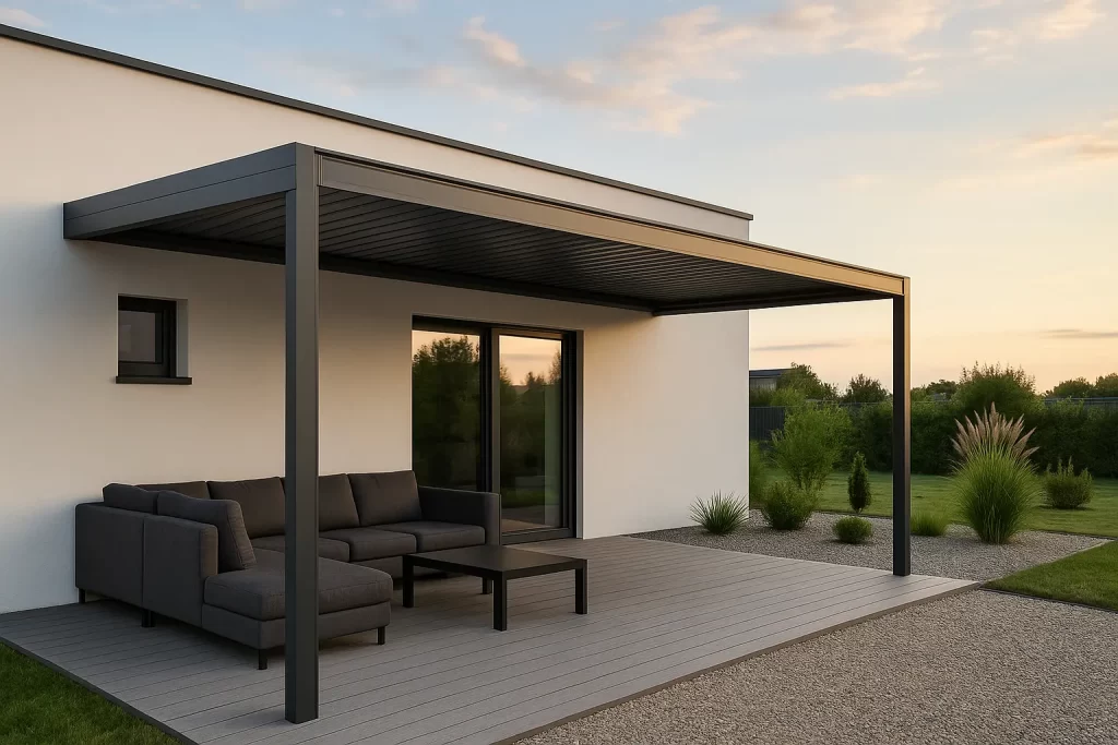 Porche panel sandwich moderno con estructura metálica gris