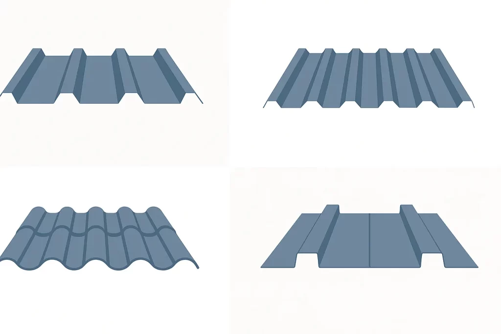Infografía vectorial con perfiles de panel 3 grecas, 5 grecas, teja y tapajuntas