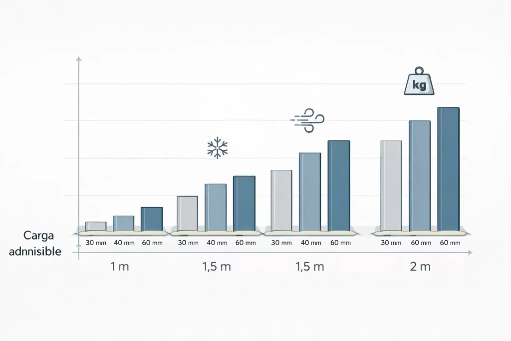Infografía de cargas admisibles según luz y espesor de panel sándwich