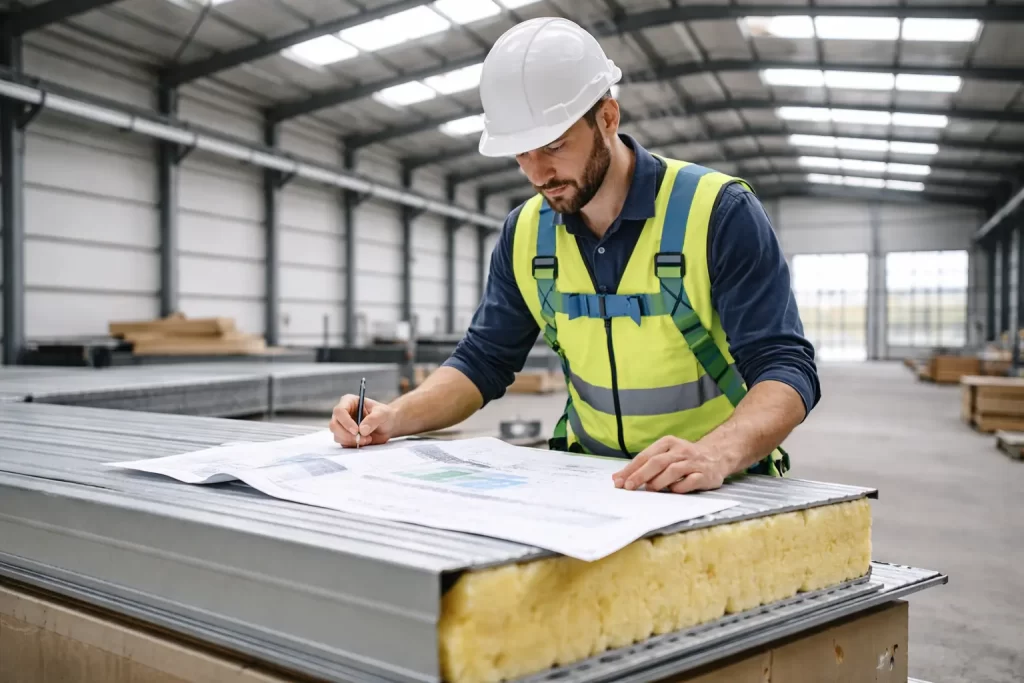 Técnico revisando resistencia panel sandwich en nave industrial