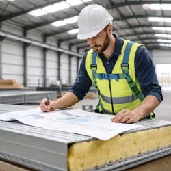 Técnico revisando resistencia panel sandwich en nave industrial