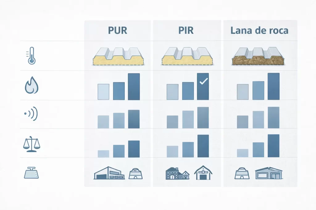 Infografía comparativa de núcleos PUR, PIR y lana de roca en panel sándwich