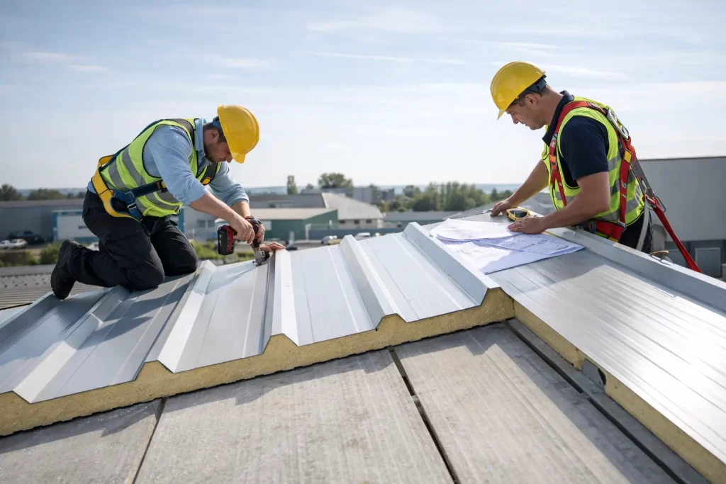 instalación de panel sándwich en cubiertas con dos técnicos manipulando el panel