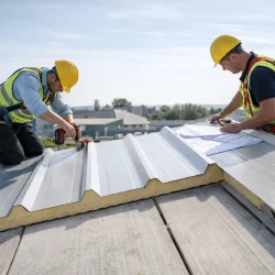 instalación de panel sándwich en cubiertas con dos técnicos manipulando el panel