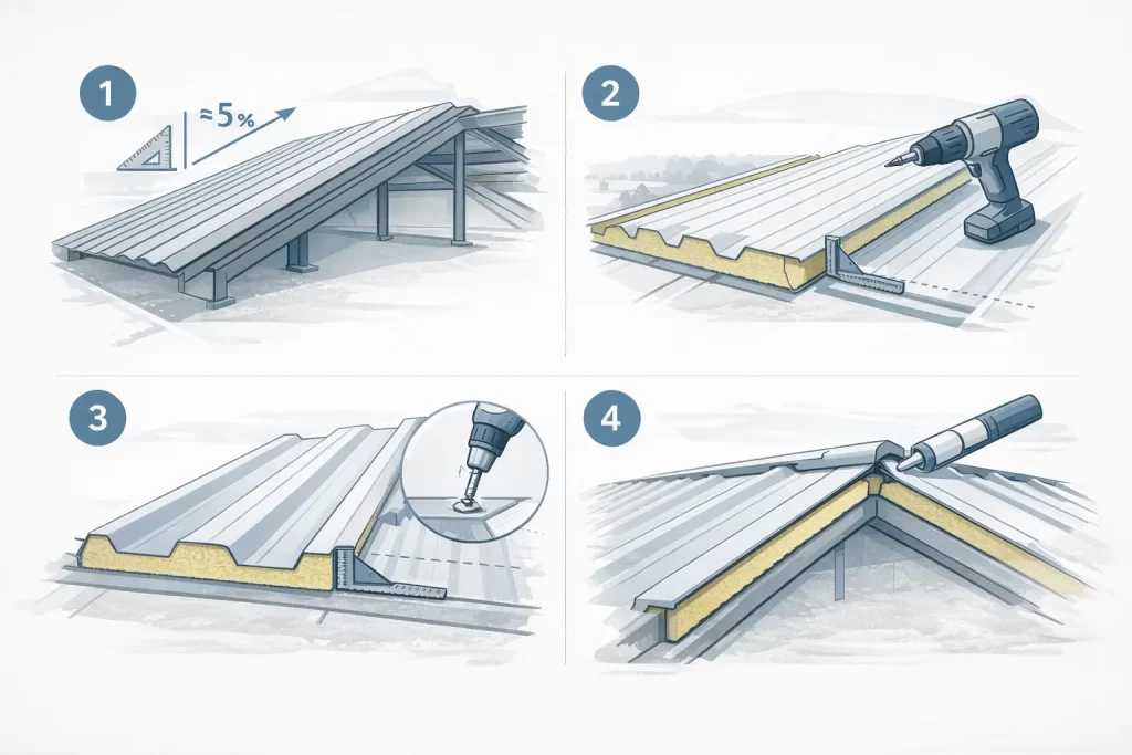 Infografía con los pasos básicos para instalar panel sándwich en cubiertas