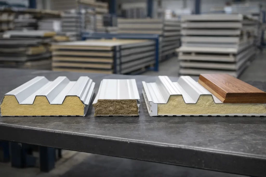 Diferentes tipos de panel sandwich alineados sobre una mesa