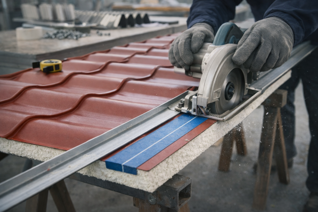 Corte de panel sándwich teja con sierra circular y guía metálica