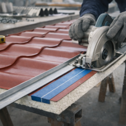 Corte de panel sándwich teja con sierra circular y guía metálica