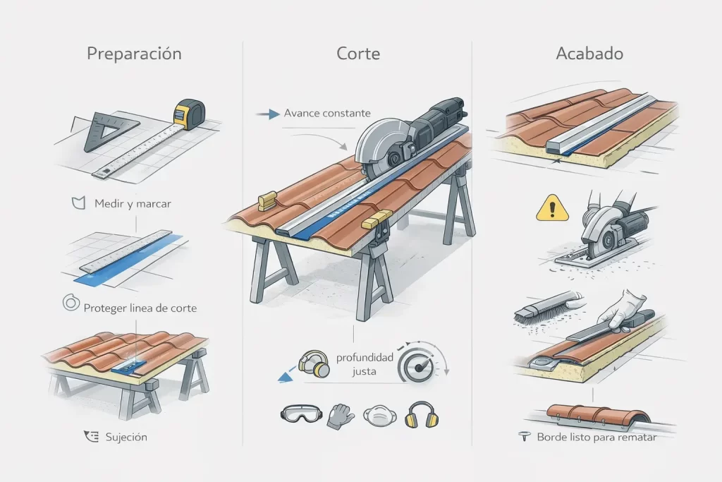 Infografía técnica para cortar panel sándwich teja paso a paso: preparación, corte y acabado
