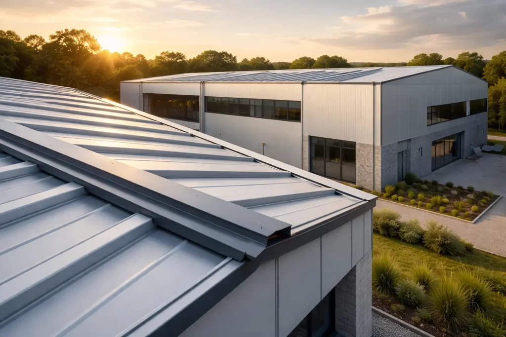 Futuro del panel sandwich: nave moderna con cubierta de panel sándwich y luz de atardecer