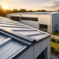 Futuro del panel sandwich: nave moderna con cubierta de panel sándwich y luz de atardecer