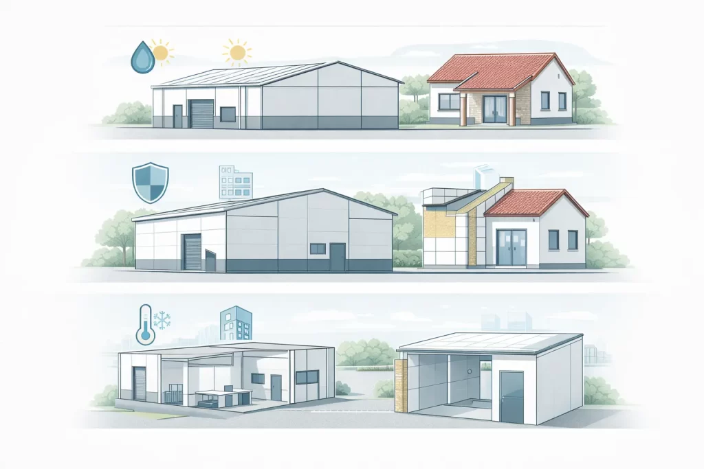 Infografía de cubiertas, fachadas e interiores con panel sándwich