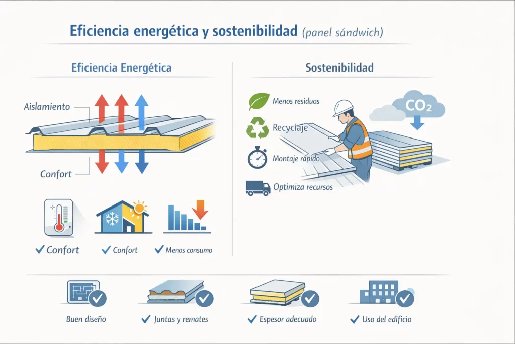 Infografía sobre eficiencia energética y sostenibilidad del panel sándwich con esquema de aislamiento, iconos de reciclaje y checklist de buenas prácticas.