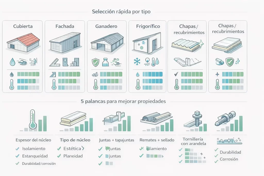 infografía de tipos de panel sándwich y mejoras de rendimiento