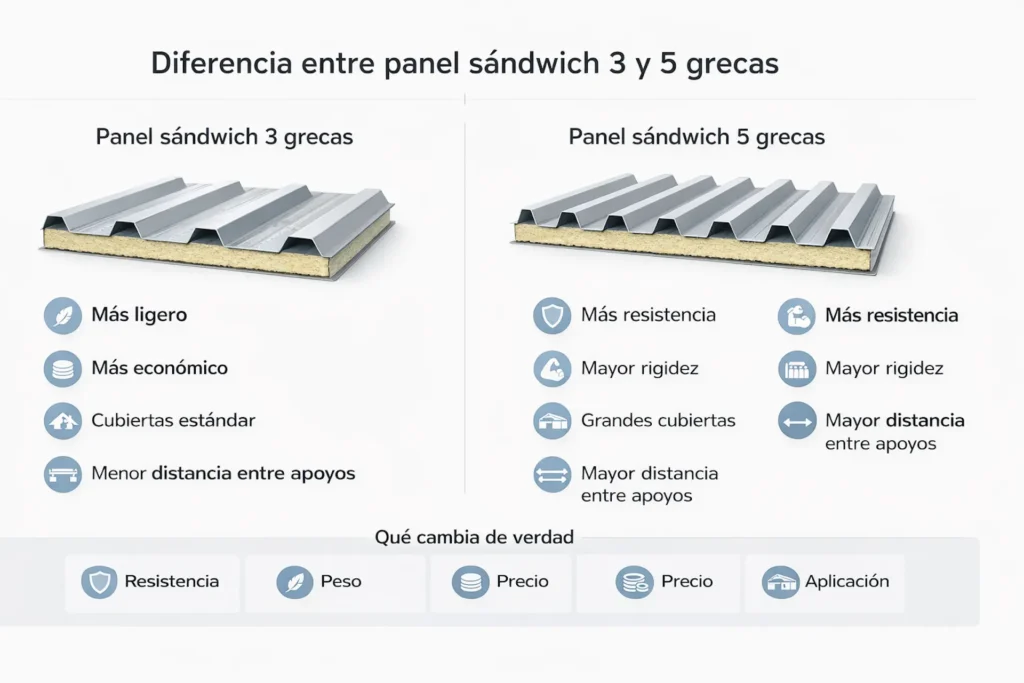 Infografía de diferencia entre panel sándwich 3 y 5 grecas