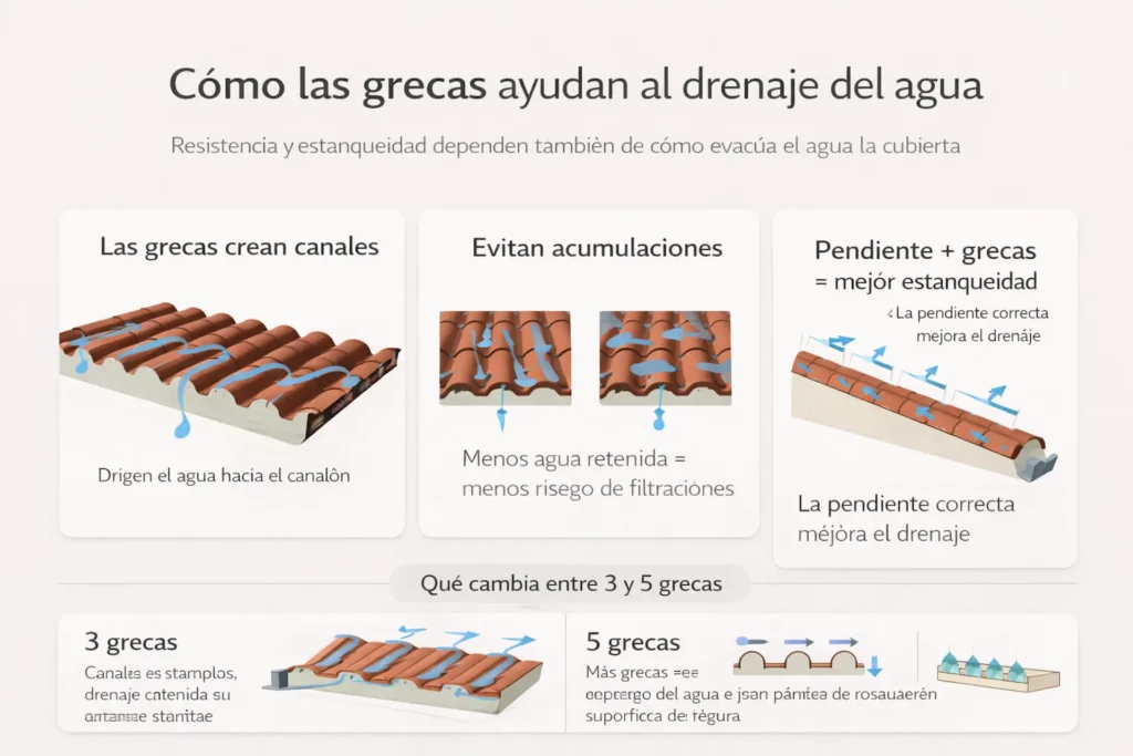 Infografía sobre drenaje del agua en panel sándwich grecado