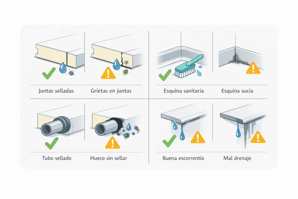 Infografía de juntas y encuentros higiénicos en panel sándwich