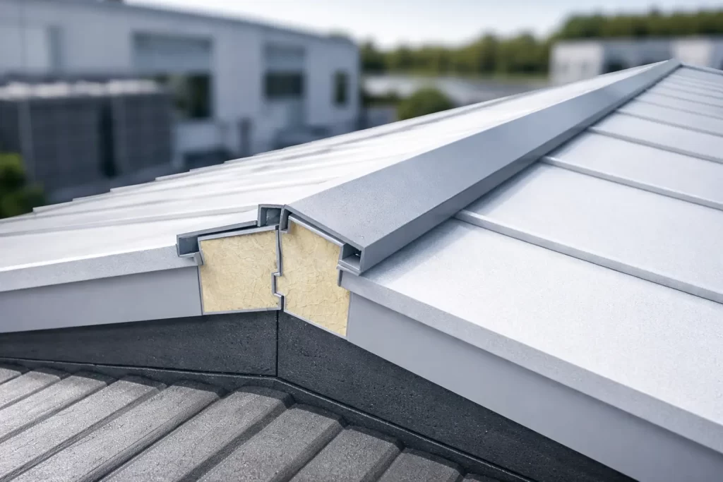 Detalle de cumbrera con panel sándwich tapajuntas en cubierta