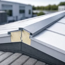 Detalle de cumbrera con panel sándwich tapajuntas en cubierta