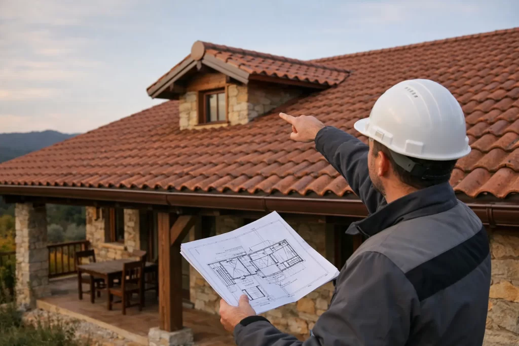 panel sándwich teja rústico en vivienda rural con porche