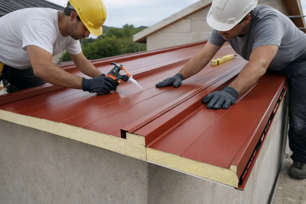 ajustar el panel sándwich tapajuntas en cubierta inclinada durante la instalación profesional