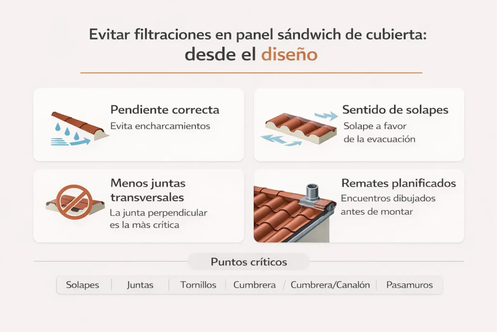 Infografía sobre diseño para prevenir filtraciones en cubierta
