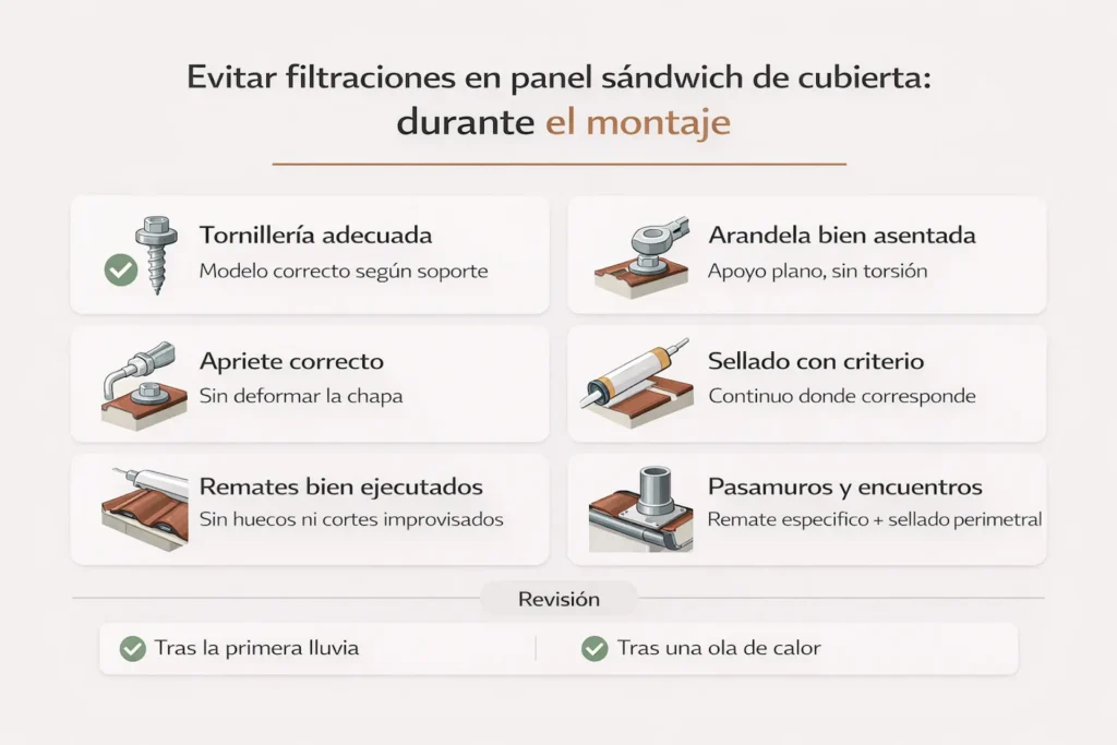 Infografía de montaje para evitar filtraciones en panel sándwich de cubierta