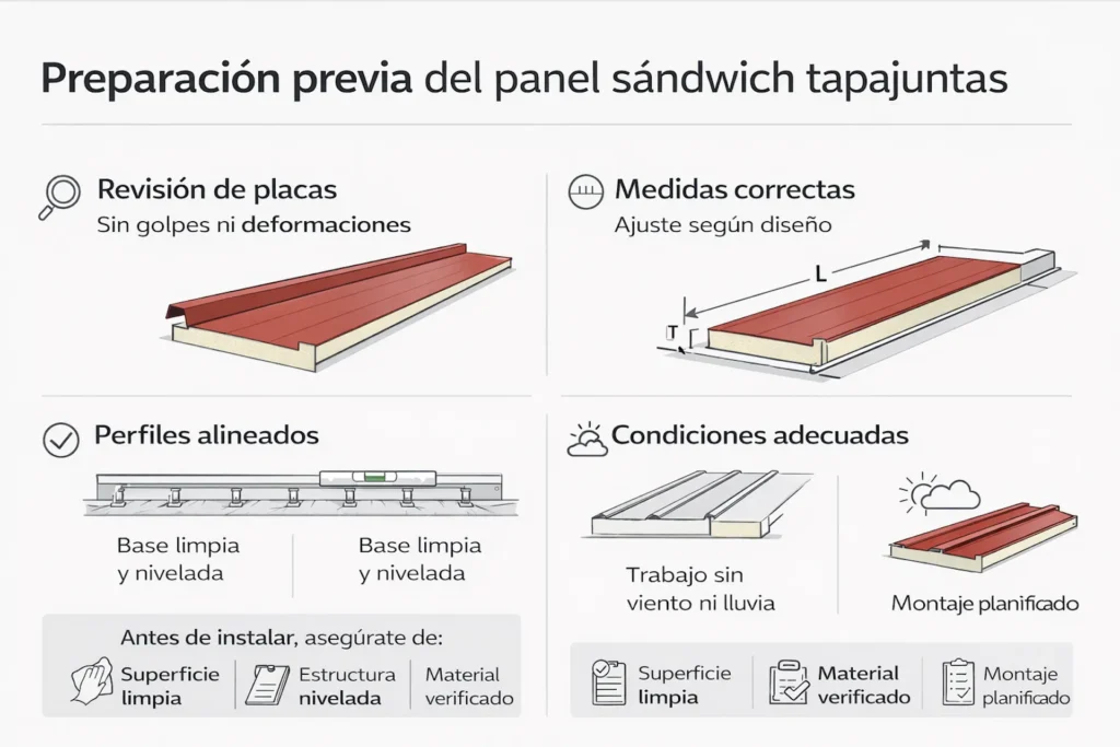 preparación previa para ajustar el panel sándwich tapajuntas correctamente antes de la instalación