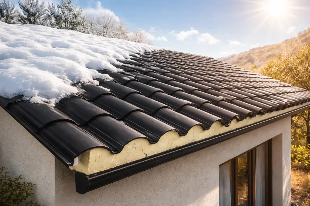 Panel sándwich teja para climas extremos instalado en cubierta resistente a viento y nieve