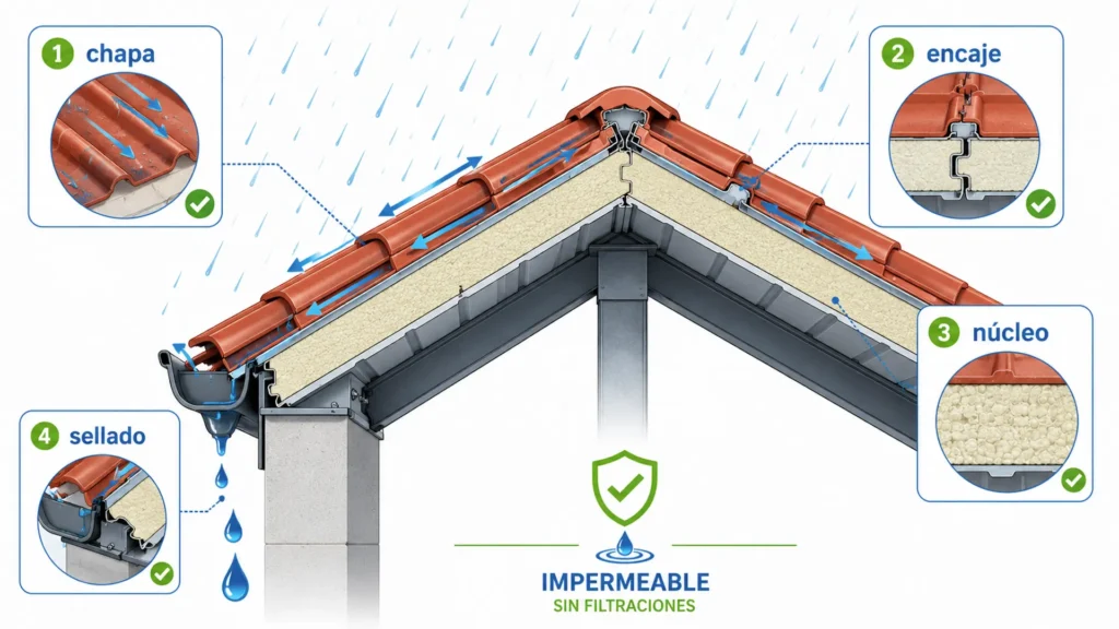 Infografía sobre los elementos que hacen impermeable un panel sándwich teja