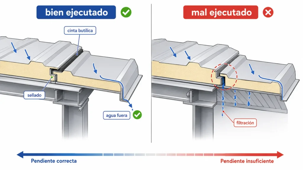 Comparativa entre un solape correcto y un solape incorrecto en panel sándwich teja
