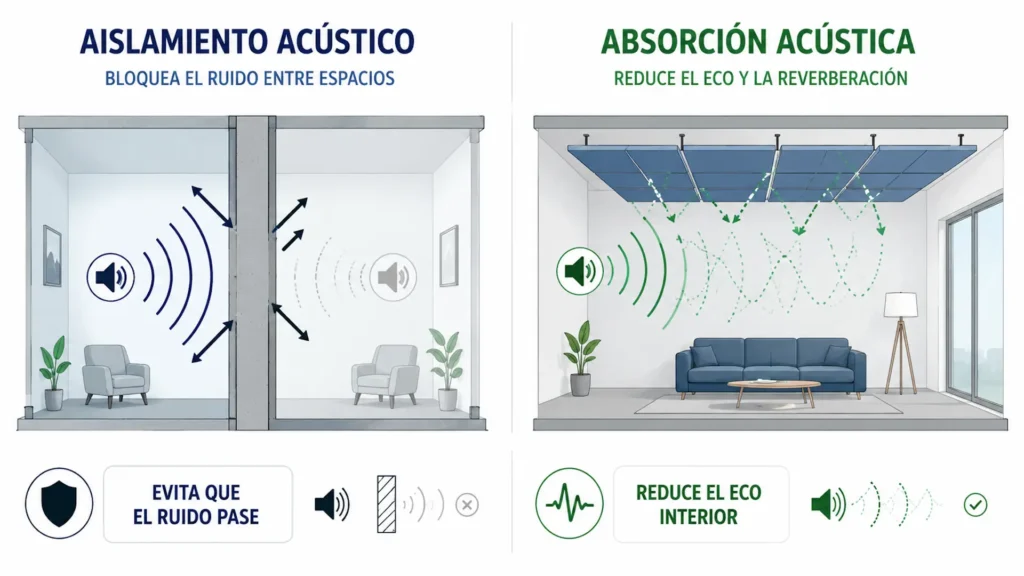 Infografía sobre aislamiento acústico y absorción acústica
