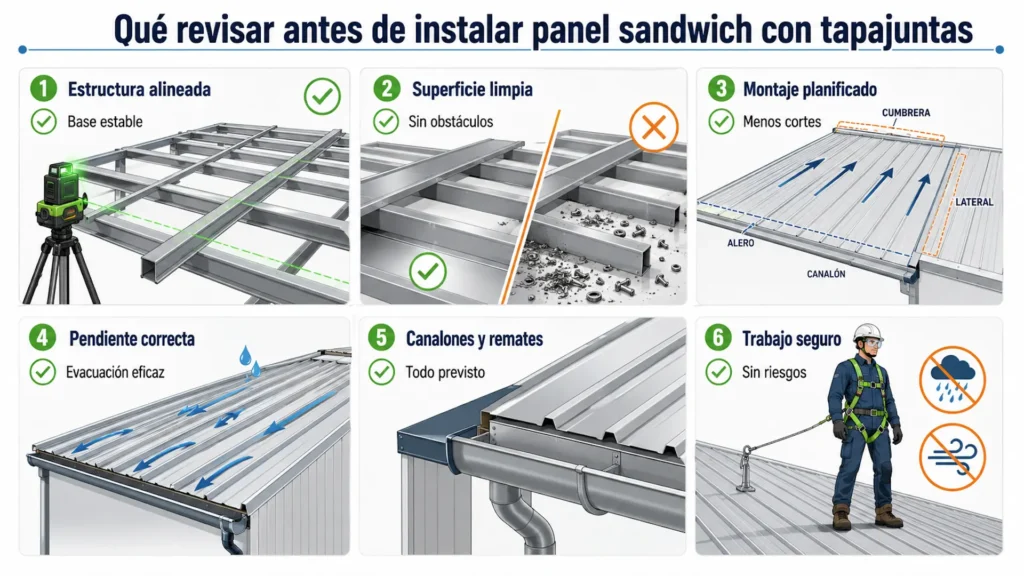 Comprobaciones previas antes de instalar panel sandwich con tapajuntas en cubierta