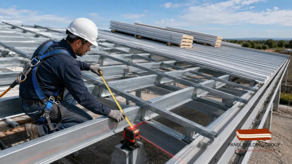 Instalación de panel sandwich con tapajuntas sobre cubierta metálica durante el montaje