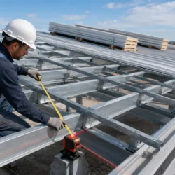 Instalación de panel sandwich con tapajuntas sobre cubierta metálica durante el montaje