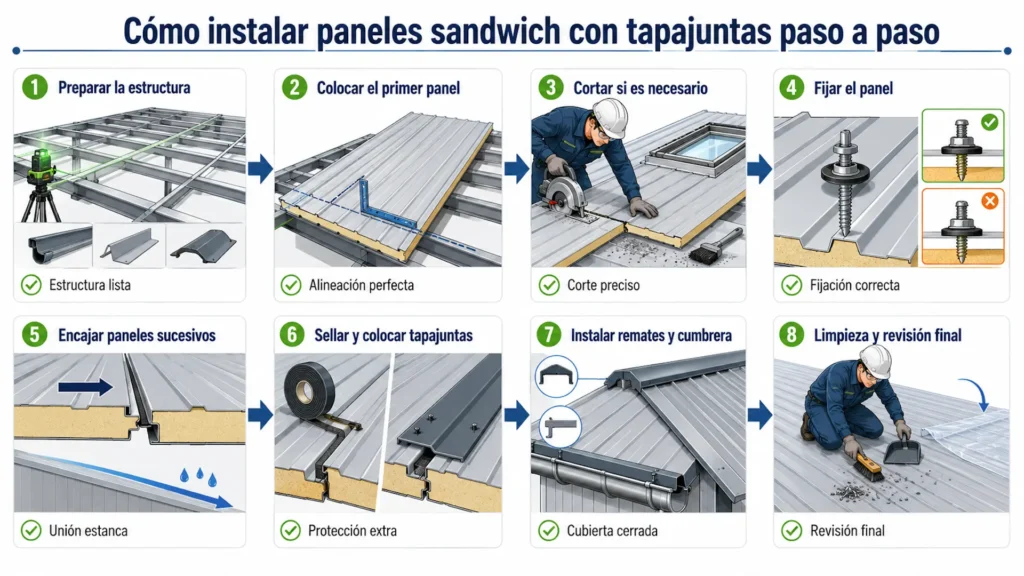 Pasos para instalar panel sandwich con tapajuntas en una cubierta metálica