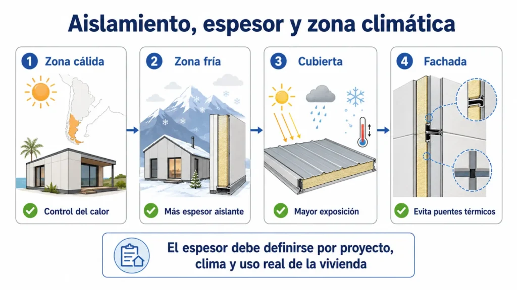Infografía sobre aislamiento y espesor del panel sándwich según la zona climática.