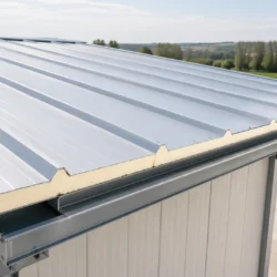 Cubierta de nave industrial con panel sándwich 3 grecas y núcleo aislante visible