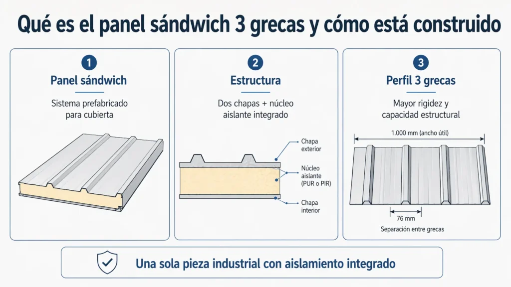 Estructura del panel sándwich 3 grecas con chapas y núcleo aislante