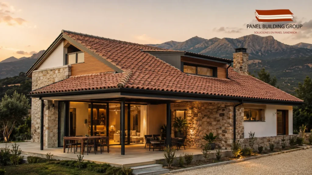 Diseño con panel sándwich teja en vivienda contemporánea con piedra y madera