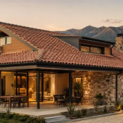 Diseño con panel sándwich teja en vivienda contemporánea con piedra y madera