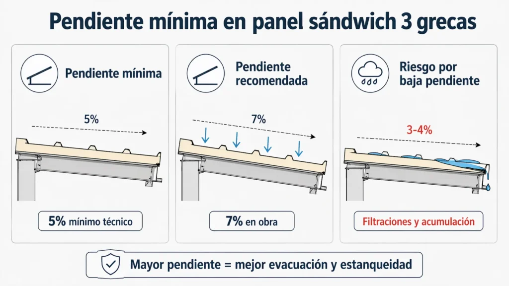 Pendiente mínima en panel sándwich 3 grecas para evitar filtraciones