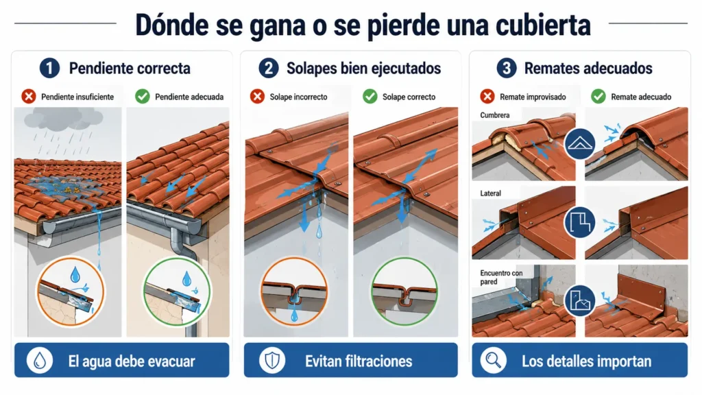 Pendiente, solapes y remates en una cubierta de panel sándwich teja.